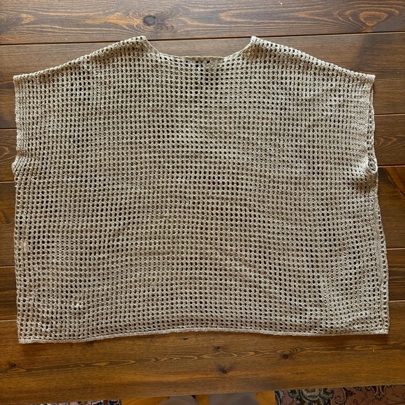 Eileen Fisher 100% Linen Open Knit Crochet Bateau Neck Boxy Top Tan | Size Small - Picture 7 of 10